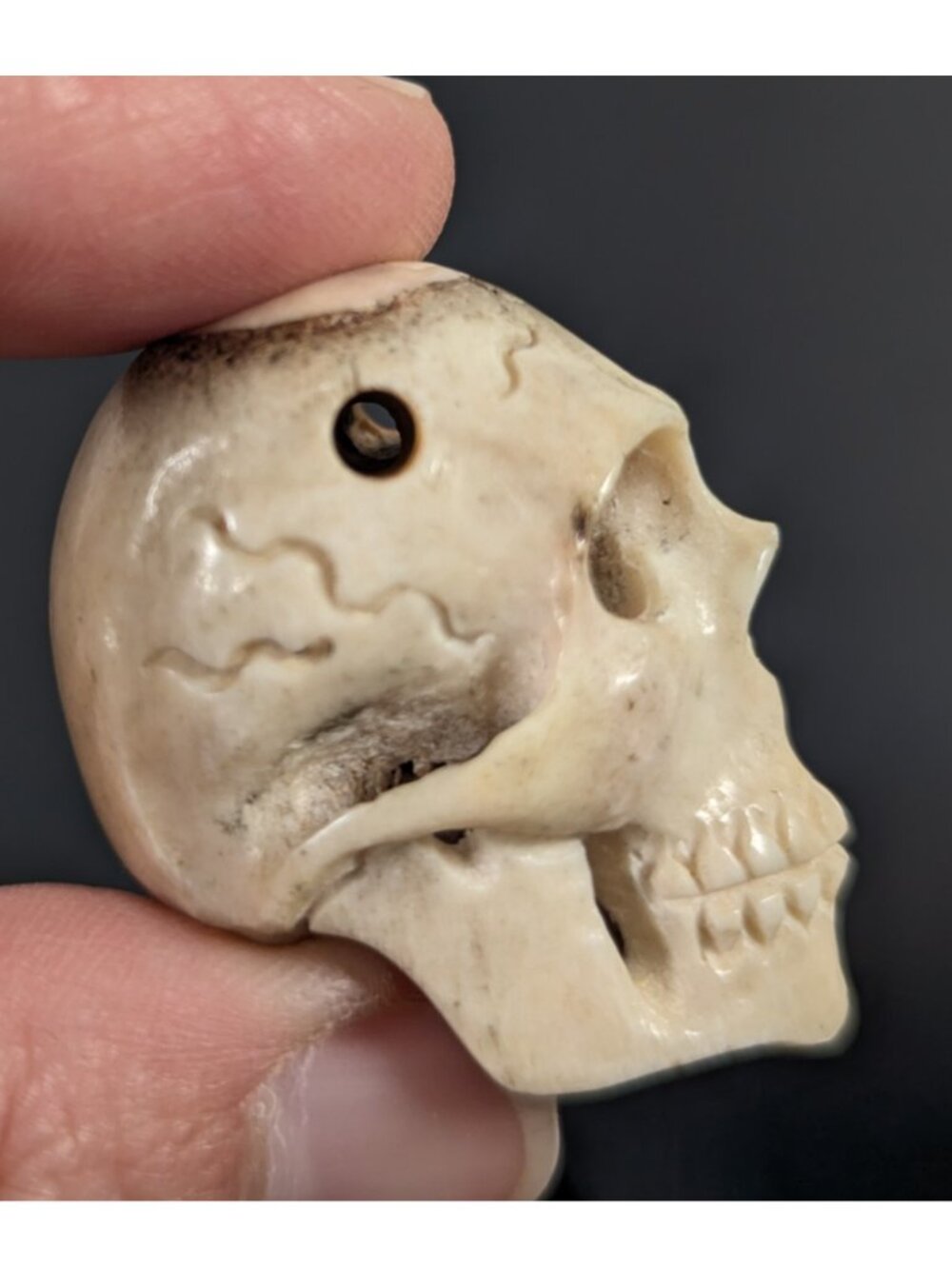 Vintage Memento Mori Deer Antler Carved Skull pendant, human skull bead